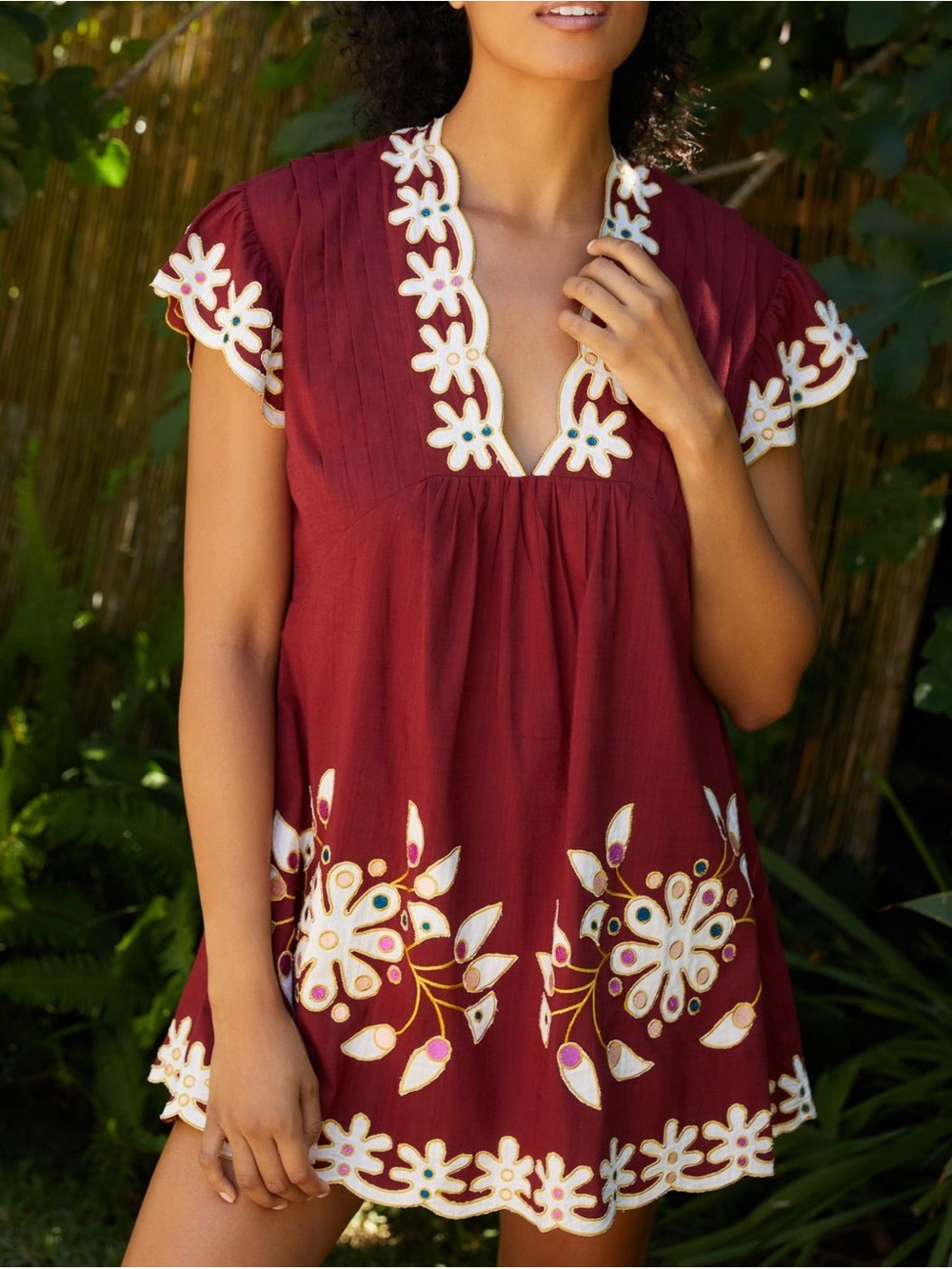 Anthropologie Pintuck Embroidered Mini Dress in Wine Color